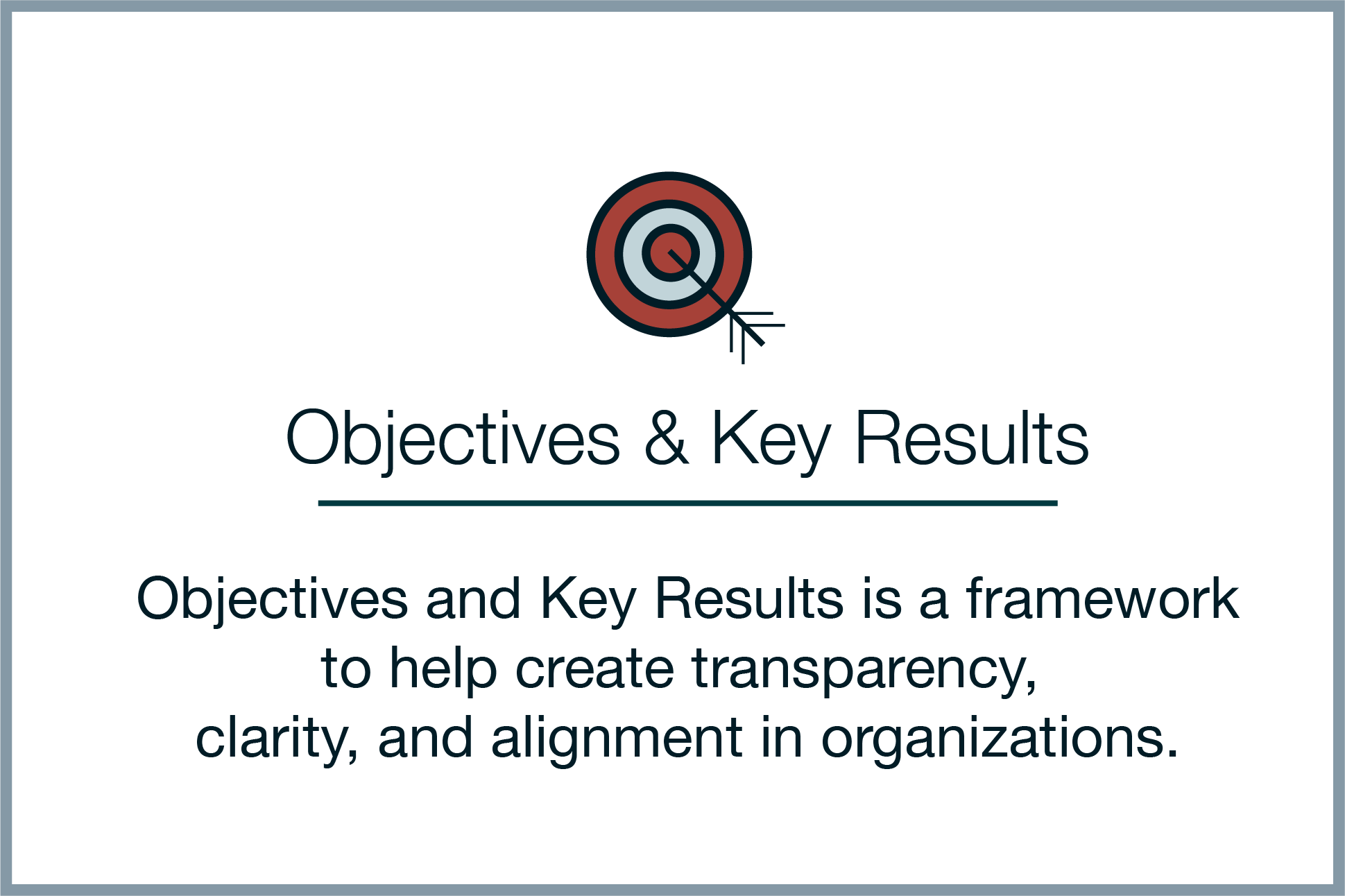 Objectives and key results is a framework to help create transparency, clarity, and alignment in orgnaizations.